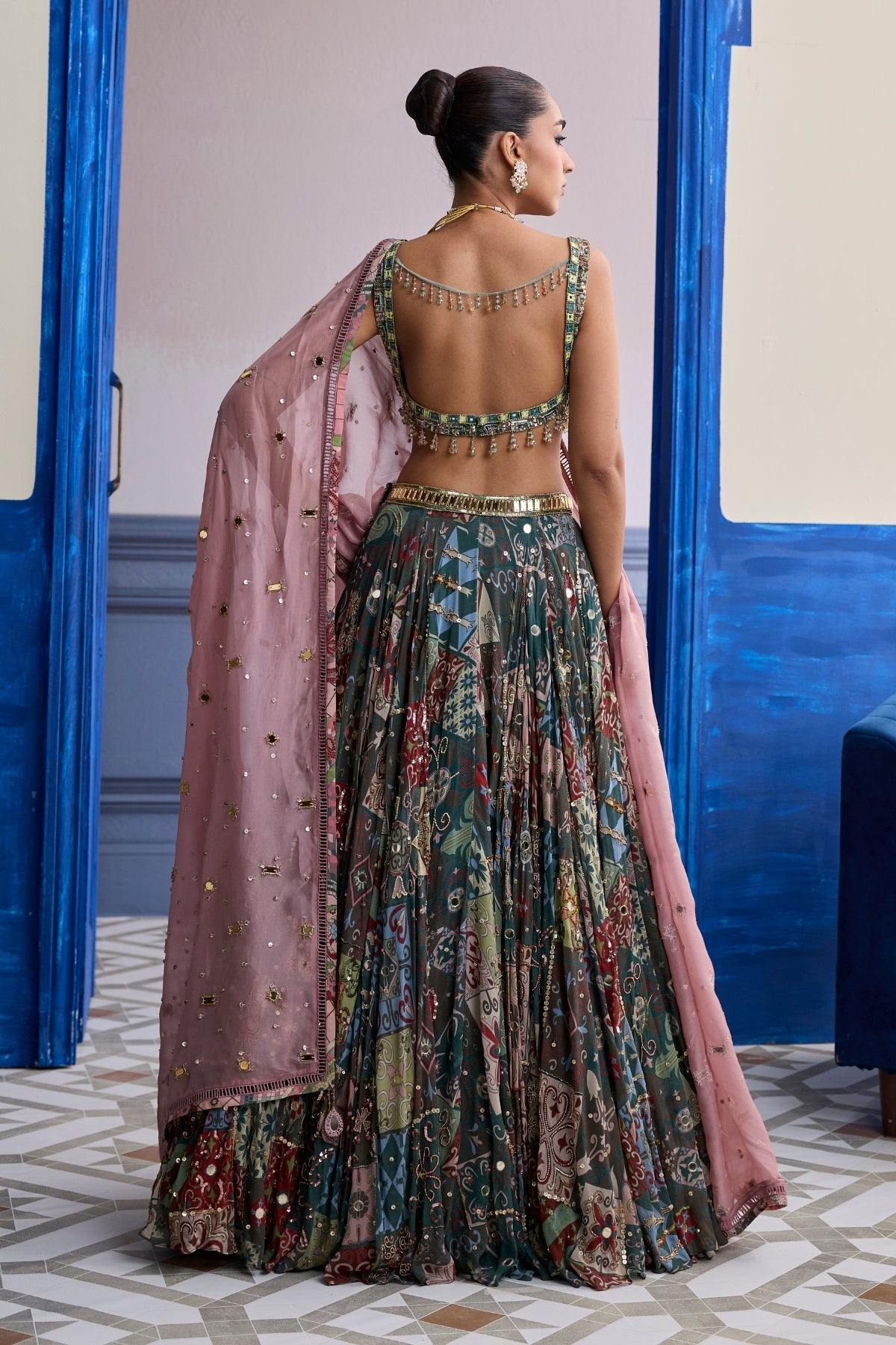 GREEN MIRROR EMBROIDERED BLOUSE WITH FOREST GREEN LEHENGA & EMBROIDERED DUPATTA SET