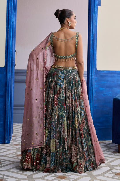 GREEN MIRROR EMBROIDERED BLOUSE WITH FOREST GREEN LEHENGA & EMBROIDERED DUPATTA SET