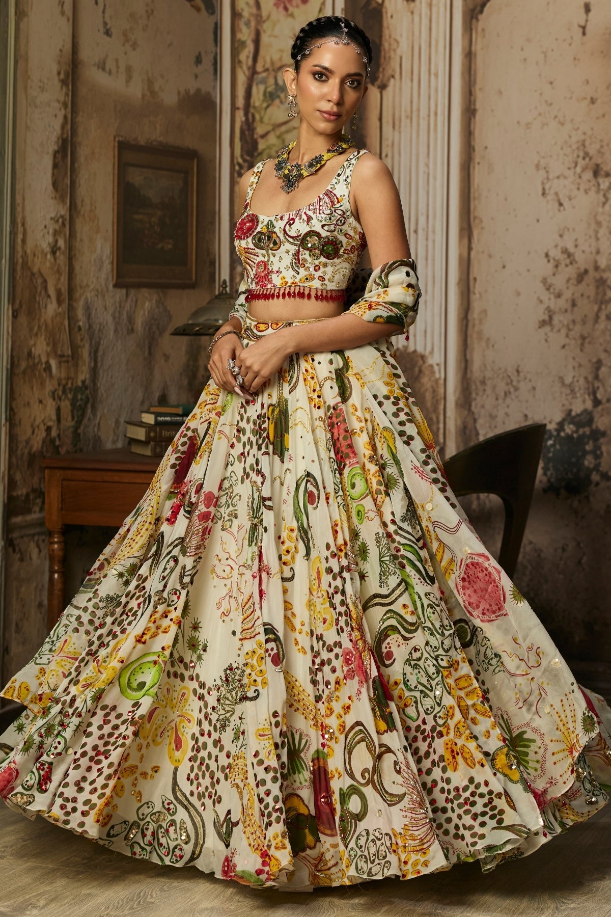 IVORY PRINT AND HIGHLIGHTED LEHENGA SET