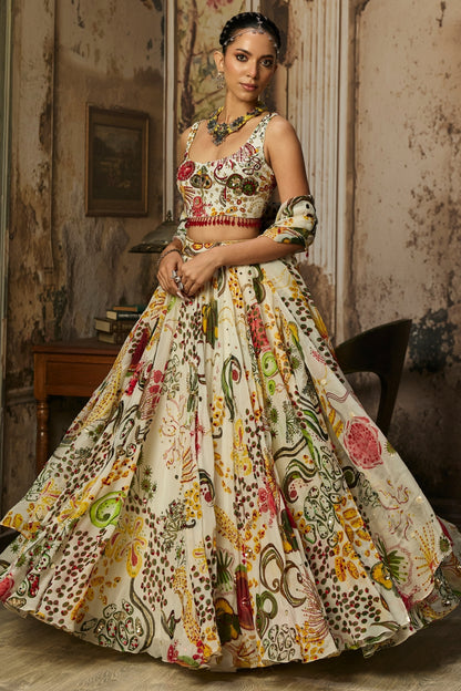 IVORY PRINT AND HIGHLIGHTED LEHENGA SET