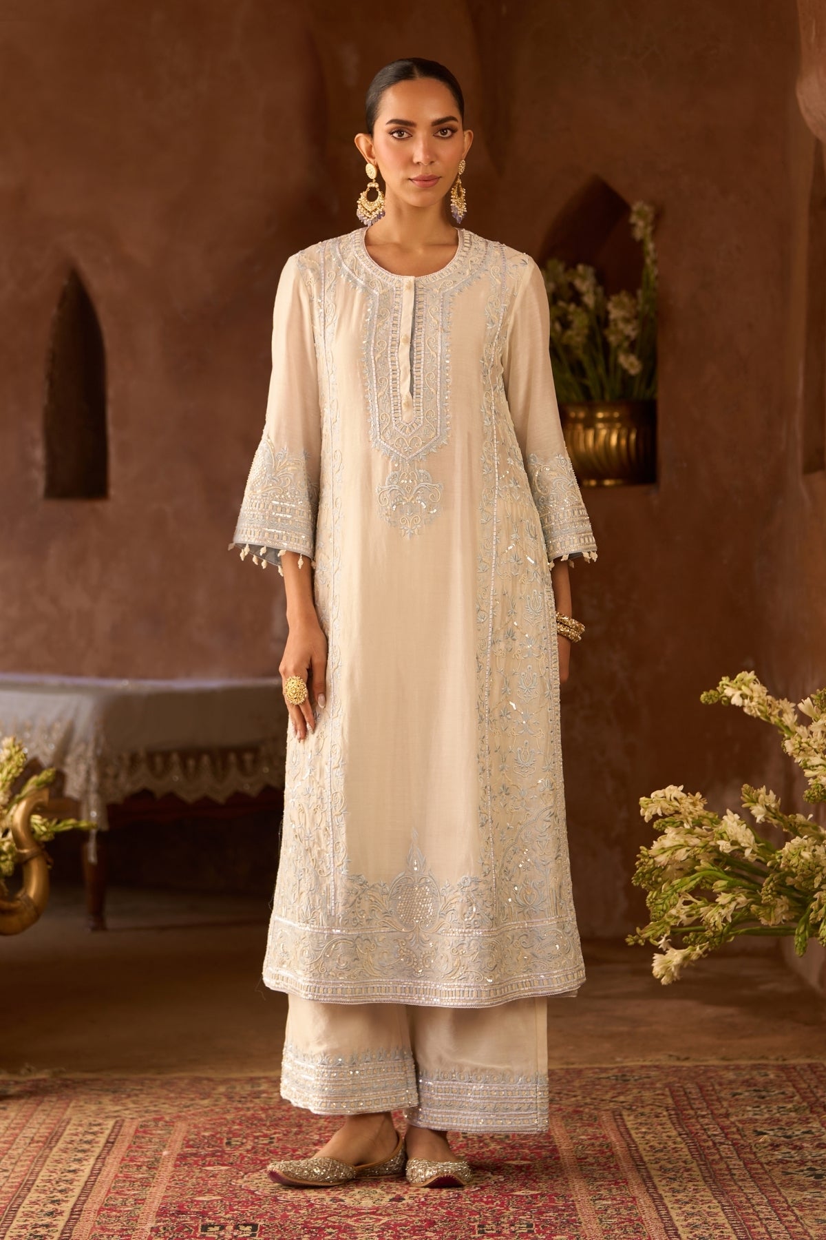Ena - Daisy Ivory With Blue Long A-line Kurta With Palazzo And Dupatta