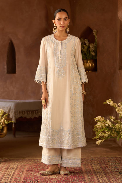 Ena - Daisy Ivory With Blue Long A-line Kurta With Palazzo And Dupatta