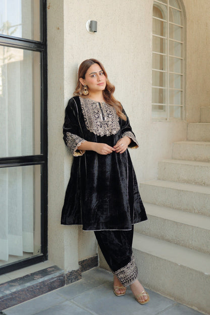 Nisreen - Silk Velvet Short Kalidaar Chauga with Salwar