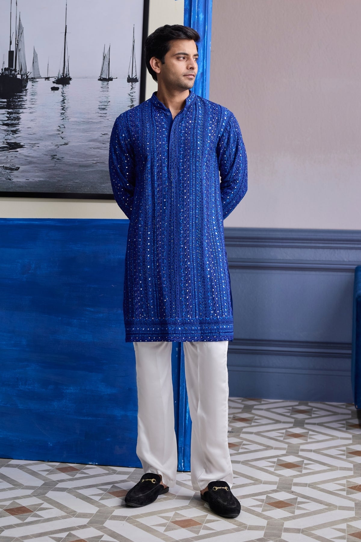 ELECTRIC BLUE MIRROR EMBROIDERY & THREAD WORK  KURTA WITH PANTS