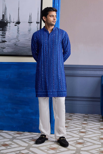 ELECTRIC BLUE MIRROR EMBROIDERY & THREAD WORK  KURTA WITH PANTS