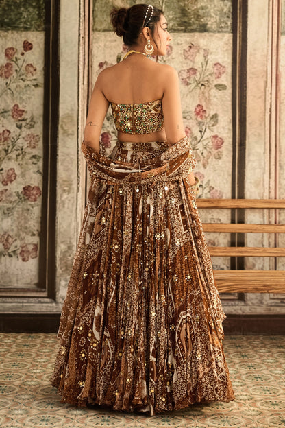 CARAMEL PRINT AND HIGHLIGHTED CORSET TOP WITH LEHENGA SET
