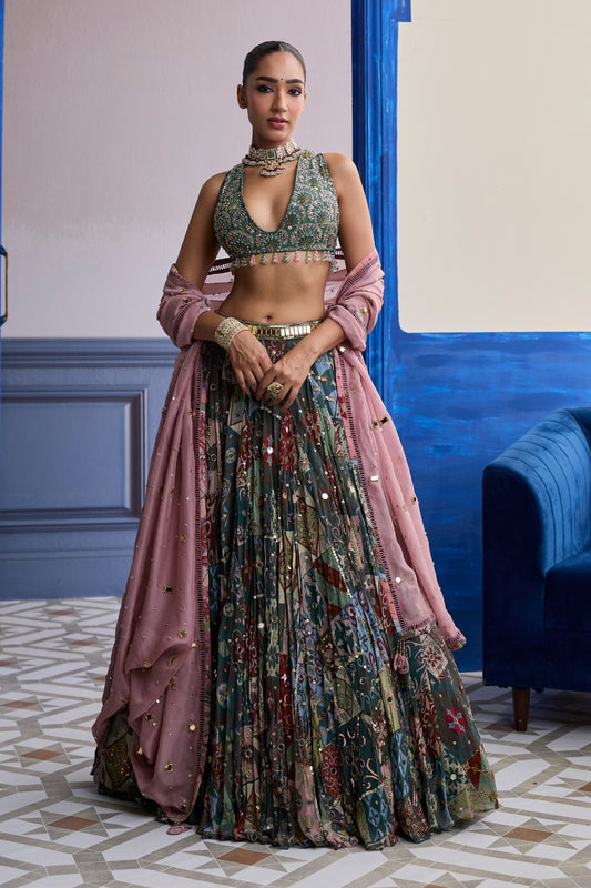 FOREST GREEN BUTTA BLOUSE WITH HIGHLIGHTED LEHENGA & EMBROIDERED DUPATTA SET