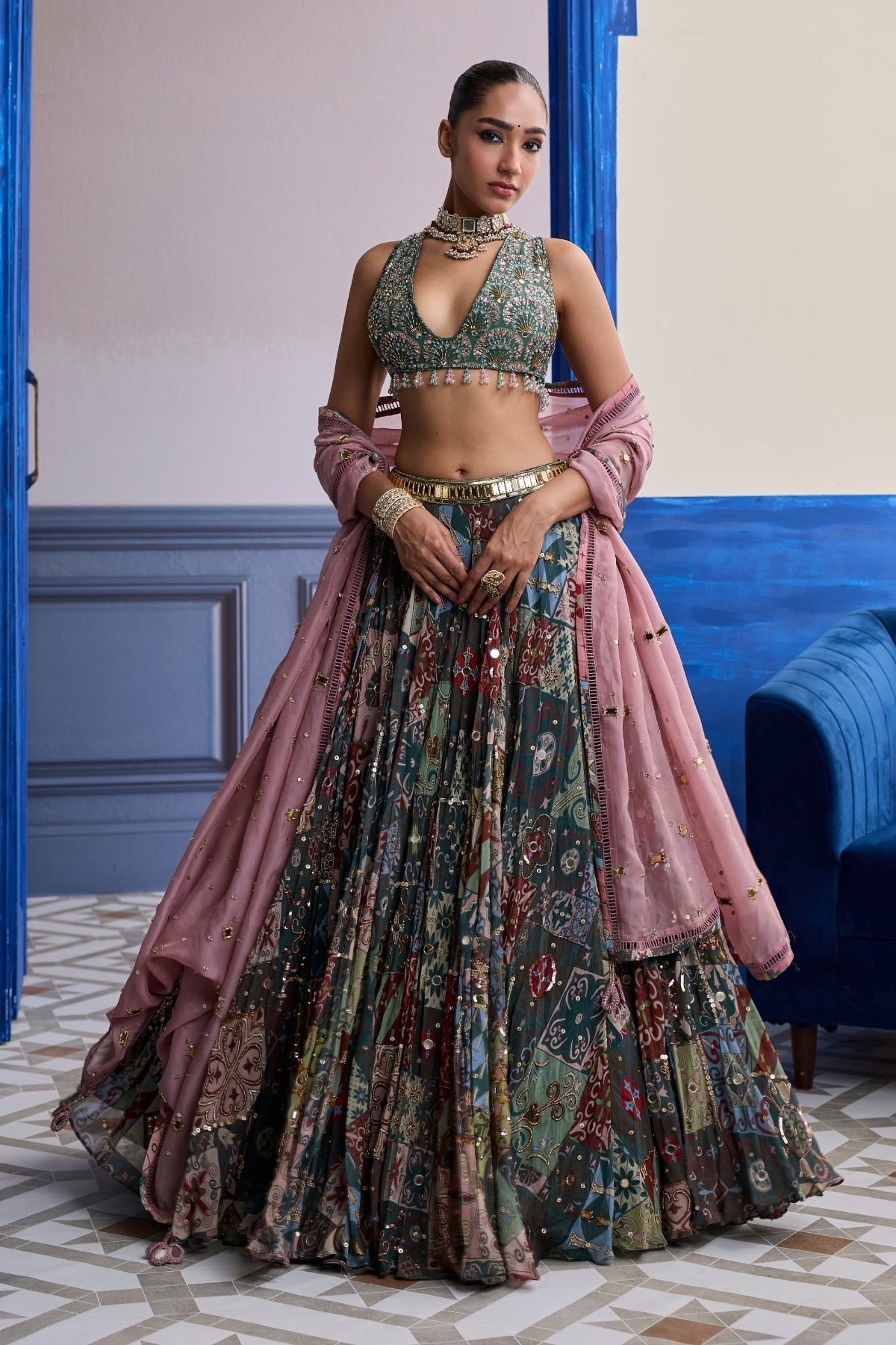 FOREST GREEN BUTTA BLOUSE WITH HIGHLIGHTED LEHENGA & EMBROIDERED DUPATTA SET
