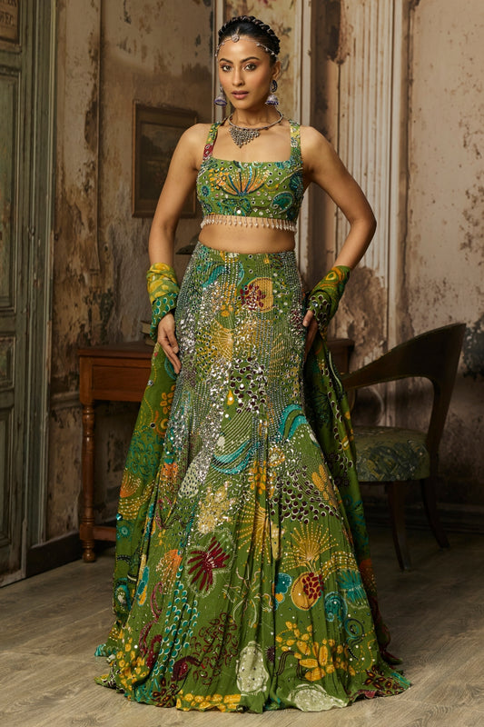 PEAR GREEN PRINTED AND HIGHLIGHTED MERMAID SKIRT SET