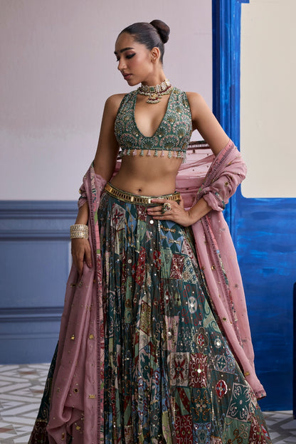 FOREST GREEN BUTTA BLOUSE WITH HIGHLIGHTED LEHENGA & EMBROIDERED DUPATTA SET