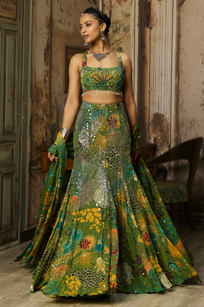 PEAR GREEN PRINTED AND HIGHLIGHTED MERMAID SKIRT SET