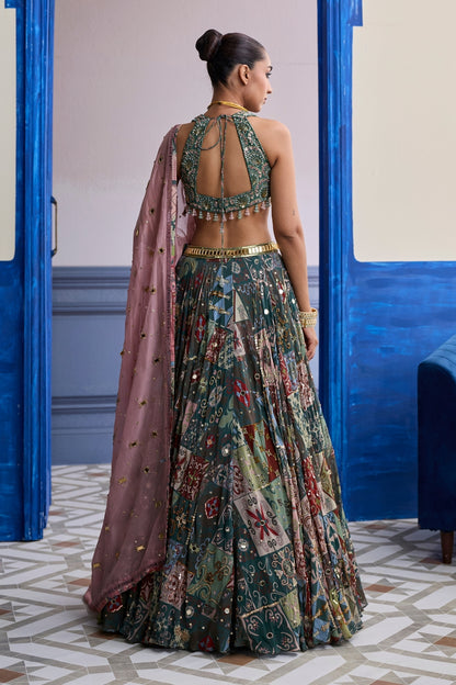 FOREST GREEN BUTTA BLOUSE WITH HIGHLIGHTED LEHENGA & EMBROIDERED DUPATTA SET