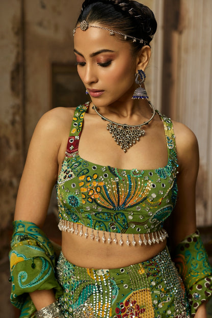 PEAR GREEN PRINTED AND HIGHLIGHTED MERMAID SKIRT SET