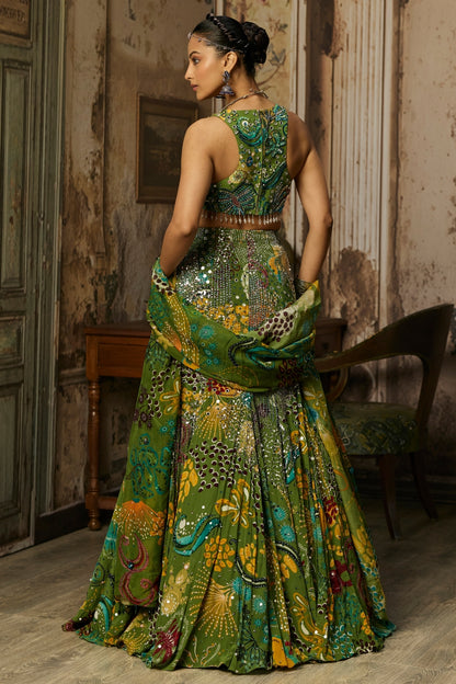 PEAR GREEN PRINTED AND HIGHLIGHTED MERMAID SKIRT SET