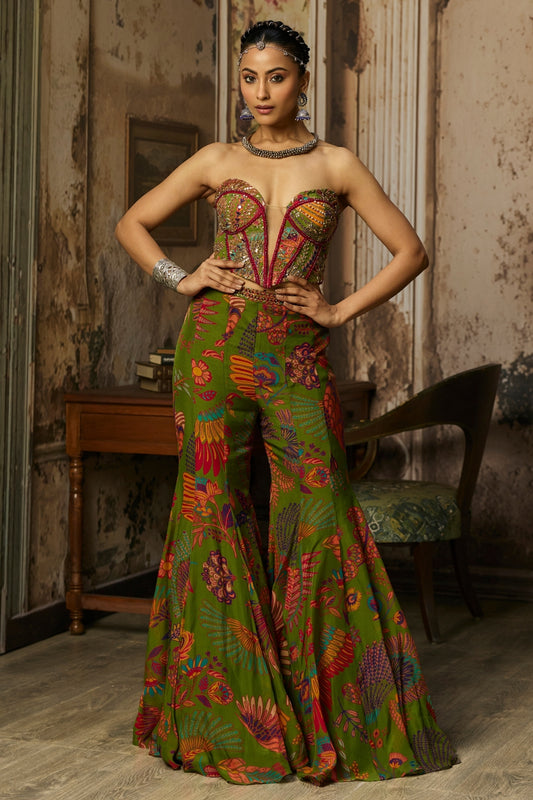 PEAR GREEN PRINTED HIGHLIGHTED BELL BOTTOM PANTS SET