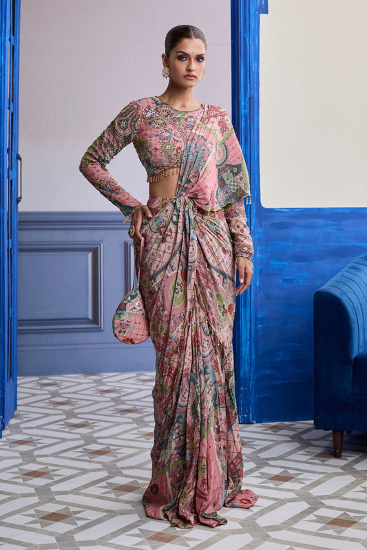 DUSK PINK HIGHLIGHTED BLOUSE WITH COORDINATED PRINTED DHOTI SAREE SET