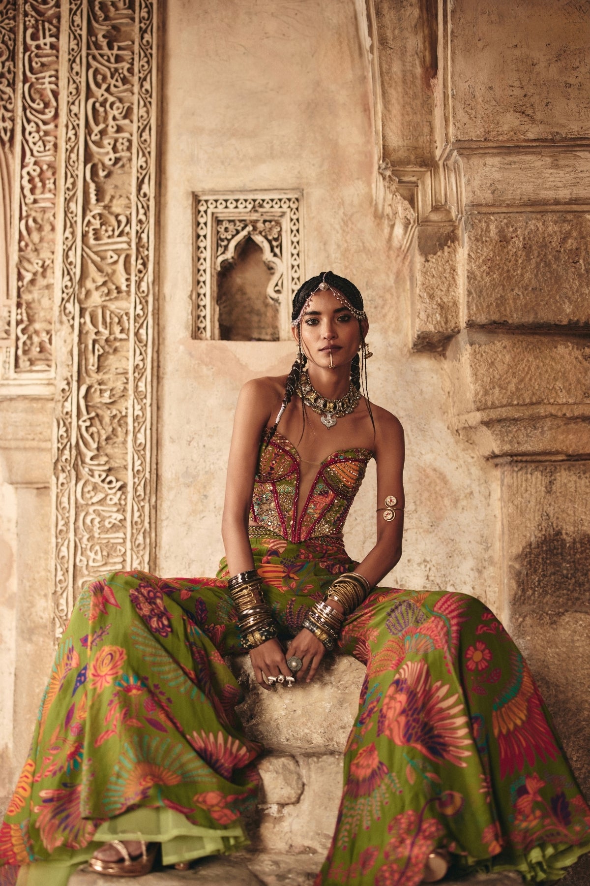 PEAR GREEN PRINTED HIGHLIGHTED BELL BOTTOM PANTS SET