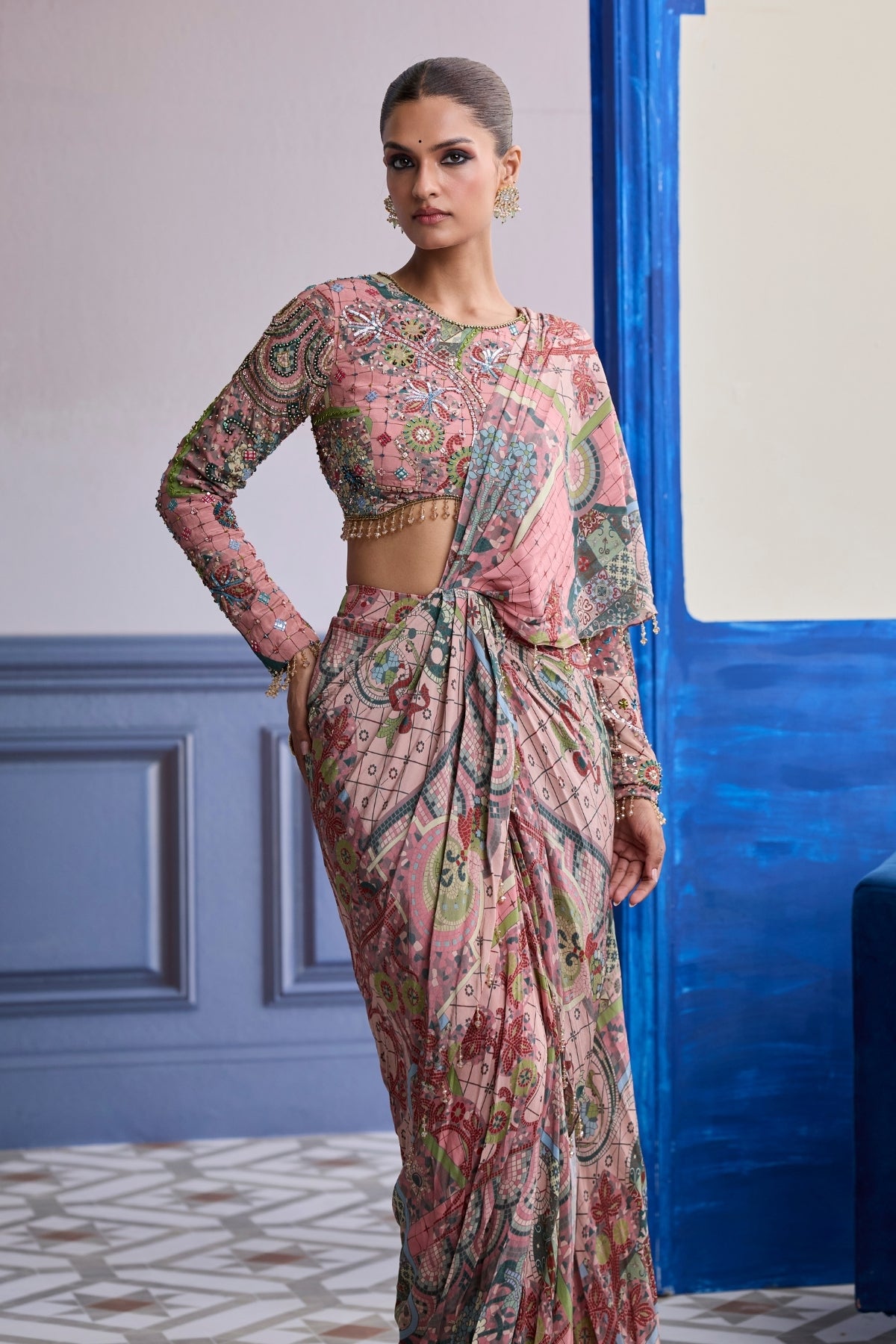 DUSK PINK HIGHLIGHTED BLOUSE WITH COORDINATED PRINTED DHOTI SAREE SET