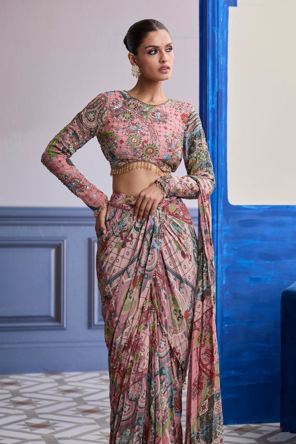 DUSK PINK HIGHLIGHTED BLOUSE WITH COORDINATED PRINTED DHOTI SAREE SET