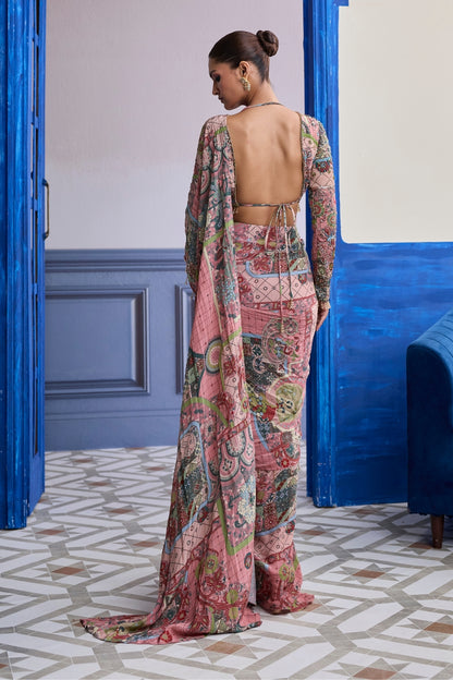 DUSK PINK HIGHLIGHTED BLOUSE WITH COORDINATED PRINTED DHOTI SAREE SET