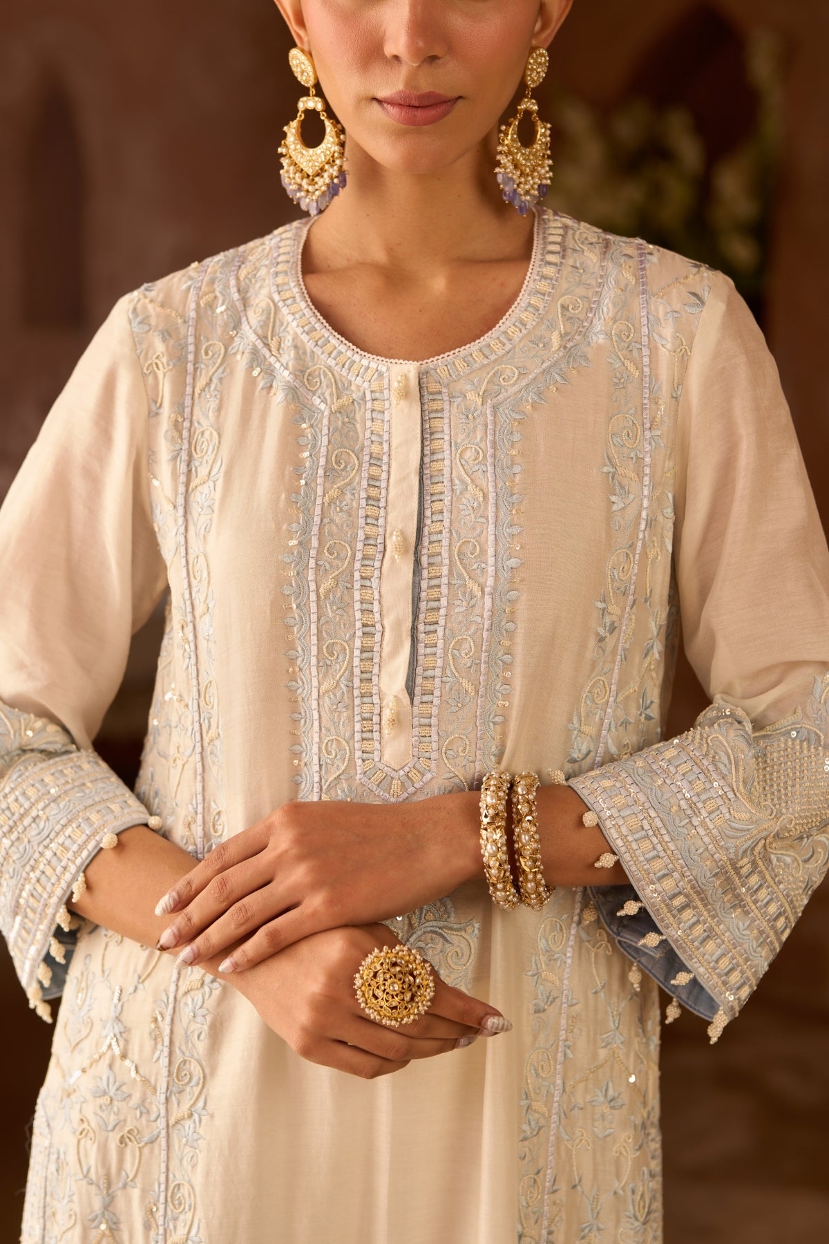 Ena - Daisy Ivory With Blue Long A-line Kurta With Palazzo And Dupatta