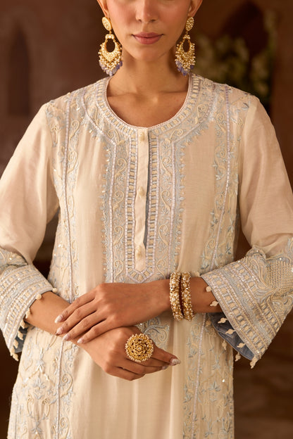 Ena - Daisy Ivory With Blue Long A-line Kurta With Palazzo And Dupatta