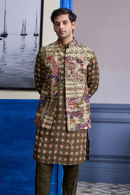 OLIVE BUTTA HIGHLIGHTED KURTA WITH OLIVE PRINT HIGHLIGHTED BUNDI JACKET PAIRED WITH SOLID PANTS