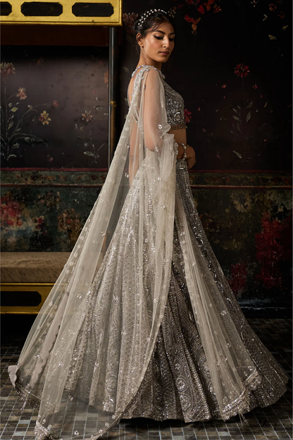 GREY GUNMETAL EMBELLISHED ARC CIRCLE LEHENGA SET