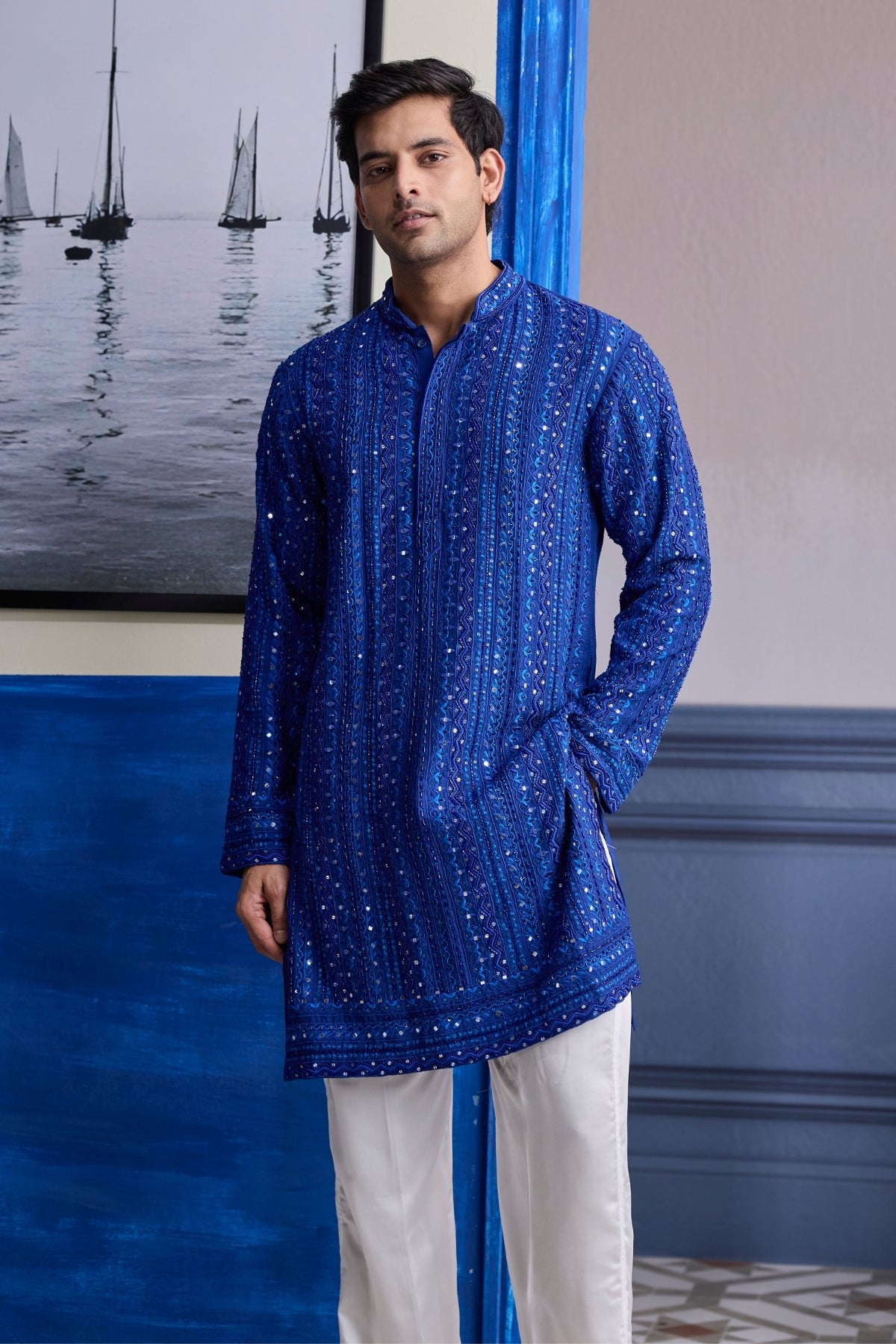 ELECTRIC BLUE MIRROR EMBROIDERY & THREAD WORK  KURTA WITH PANTS