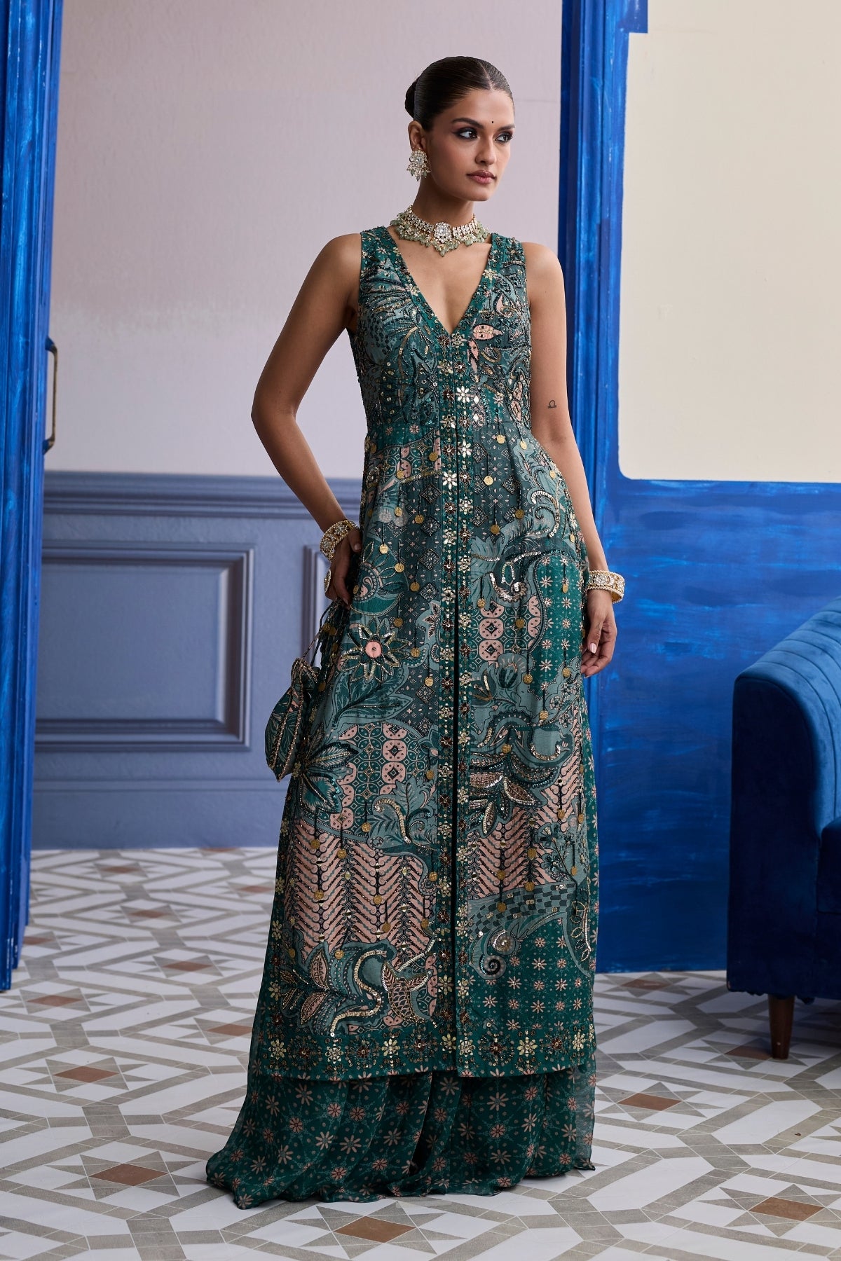 TEAL FLORAL V-NECK STRUCTURED KURTI WITH FLARED PANTS SET