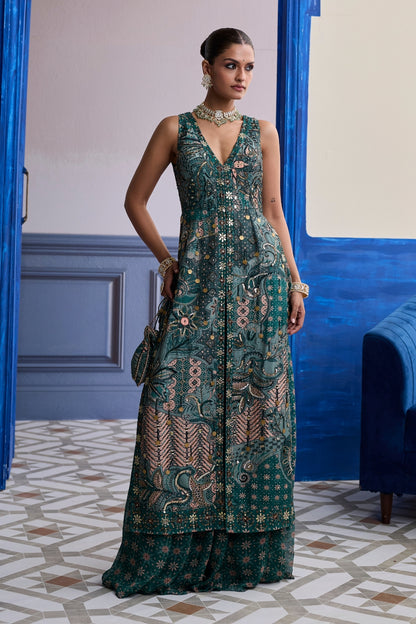 TEAL FLORAL V-NECK STRUCTURED KURTI WITH FLARED PANTS SET