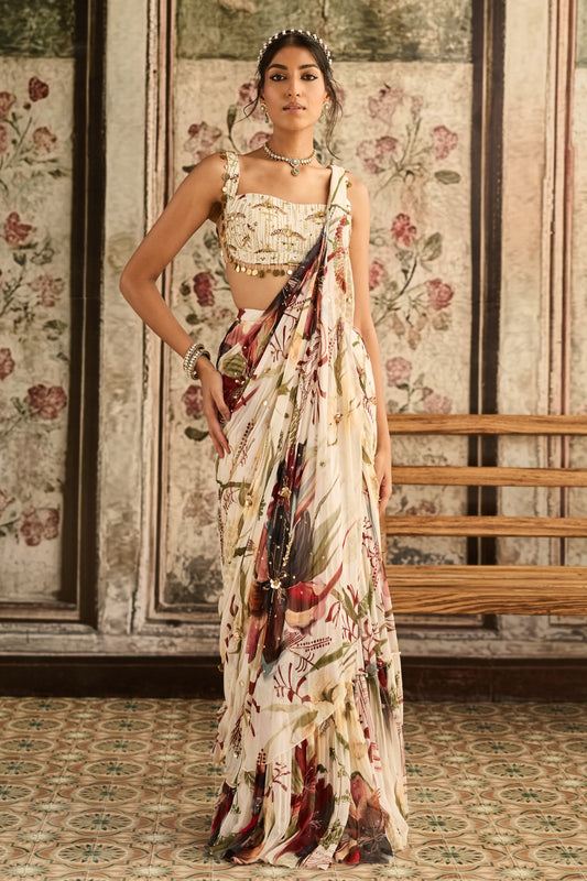 IVORY FLORAL PRINT AND HIGHLIGHTED SKIRT SAREE SET