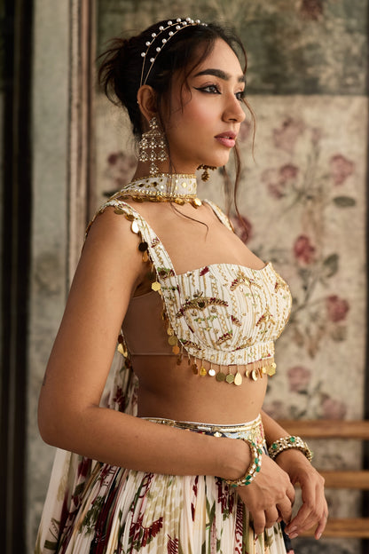 IVORY FLORAL PRINT AND HIGHLIGHTED LEHENGA SET