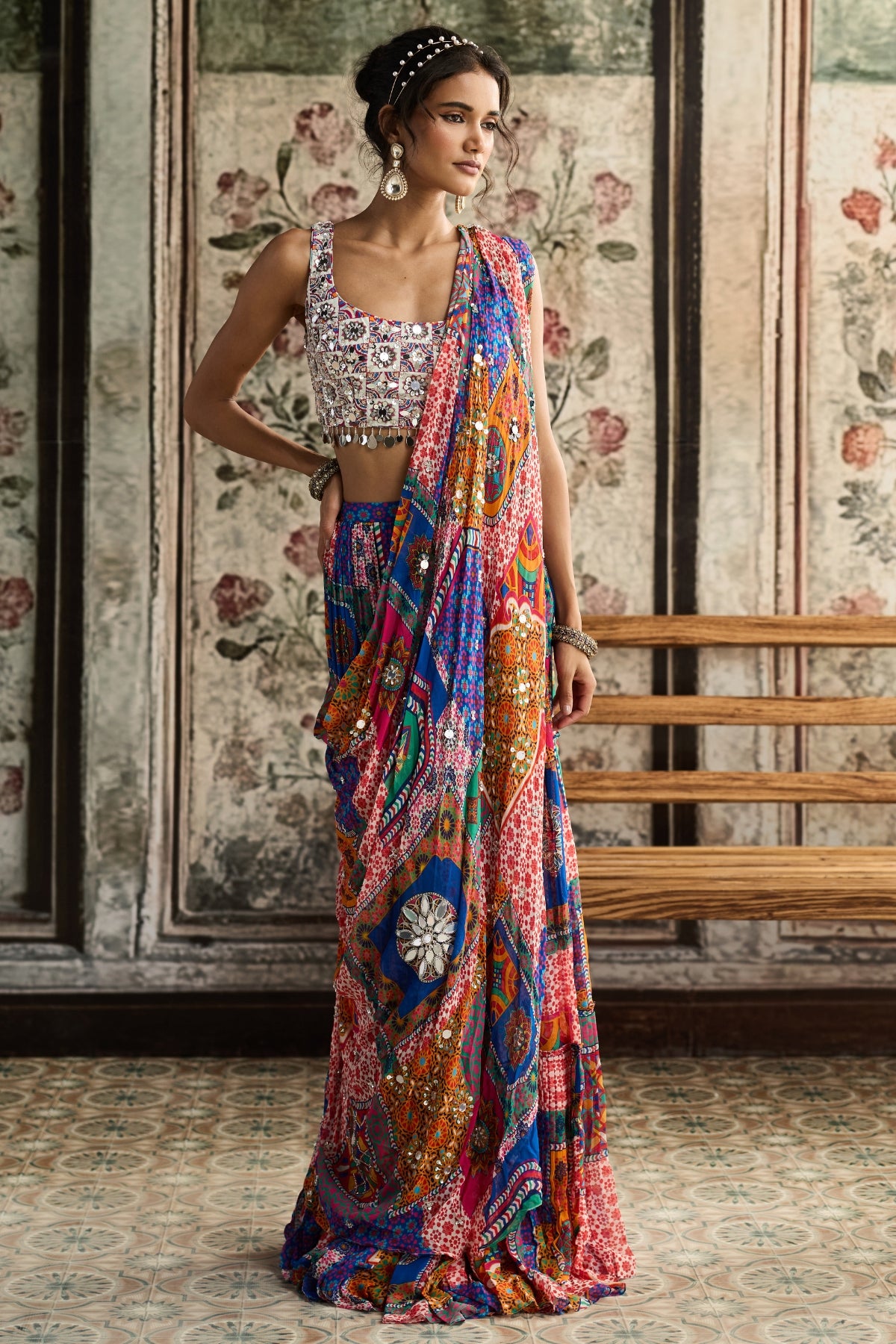 MULTI-COLOR  PRINT AND HIGHLIGHTED SQUARE NECK BLOUSE WITH TIERED SKIRT SAREE SET