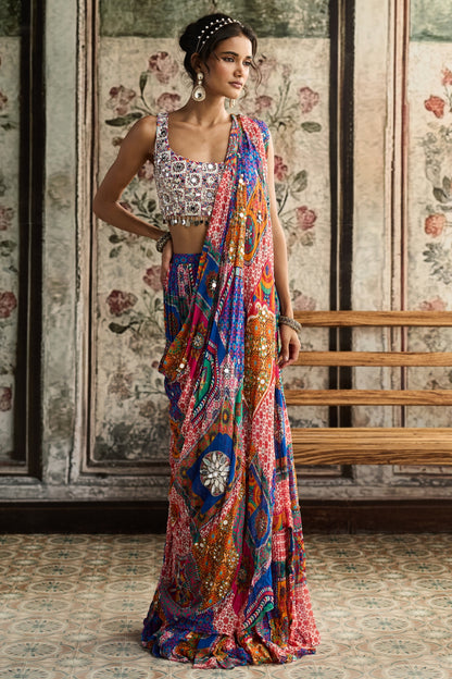 MULTI-COLOR  PRINT AND HIGHLIGHTED SQUARE NECK BLOUSE WITH TIERED SKIRT SAREE SET