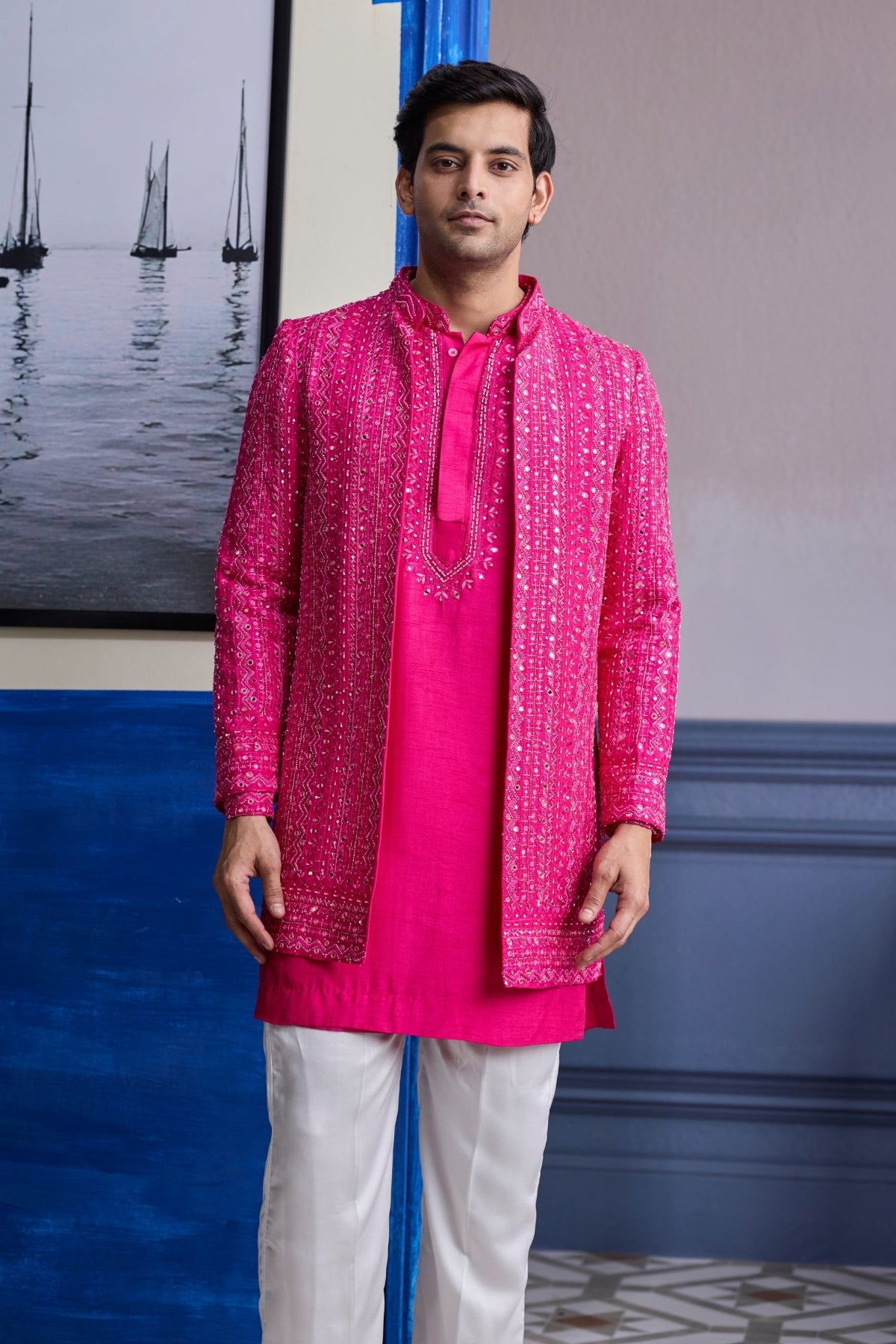 FUSCHIA PINK MIRROR EMBROIDERED & THREAD WORK BANDHGLA JACKET WITH KURTA & PANTS