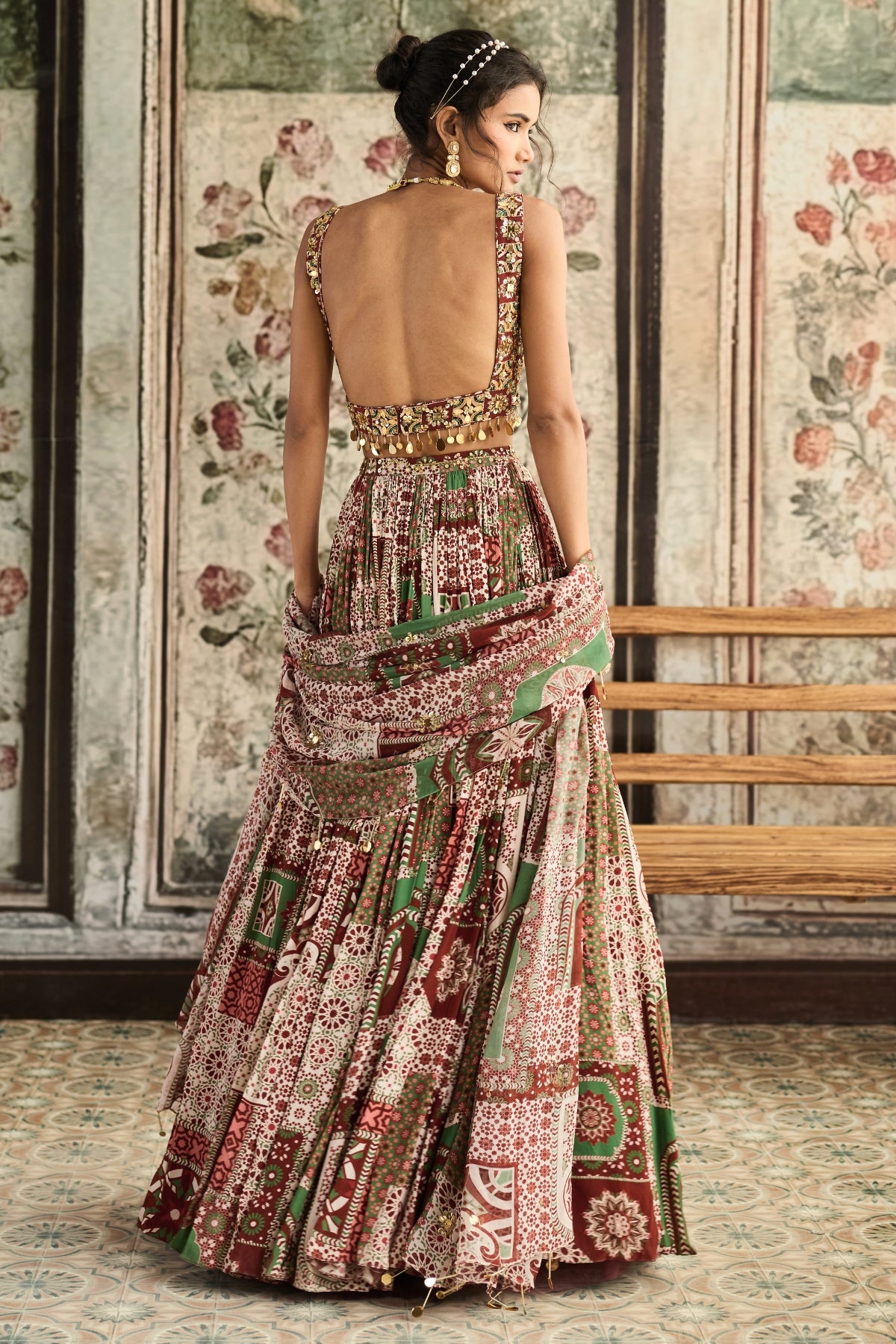 SAGE-MAROON PRINT AND HIGHLIGHTED SQUARE NECK BLOUSE WITH LEHENGA SET