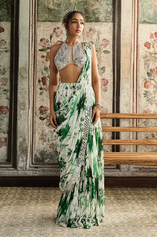 IVORY & GREEN FLORAL PRINT AND HIGHLIGHTED BORDER SKIRT SAREE SET