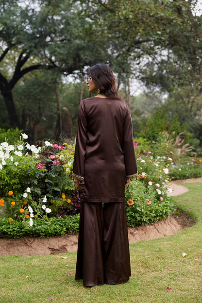 MOCHA BROWN EMBROIDERED SATIN KURTI SET