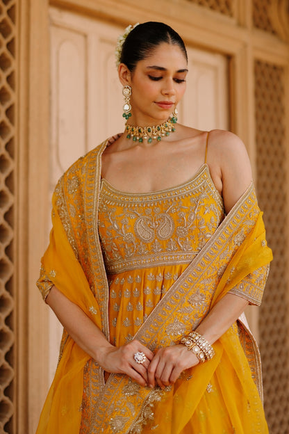 Afraa - Mustard Anarkali Set with Palazzo & Dupatta