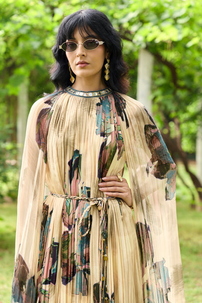 BEIGE FLORAL ROUCHED MAXI DRESS
