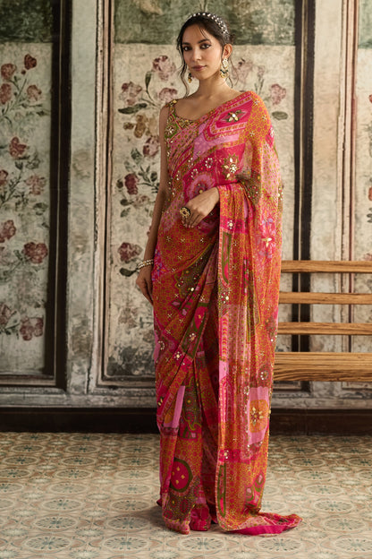 SAGE BUTTA PRINT AND HIGHLIGHTED ONE-SHOULDER BLOUSE WITH YELLOW-FUSCHIA PRE-DRAPED CLASSIC SAREE SET