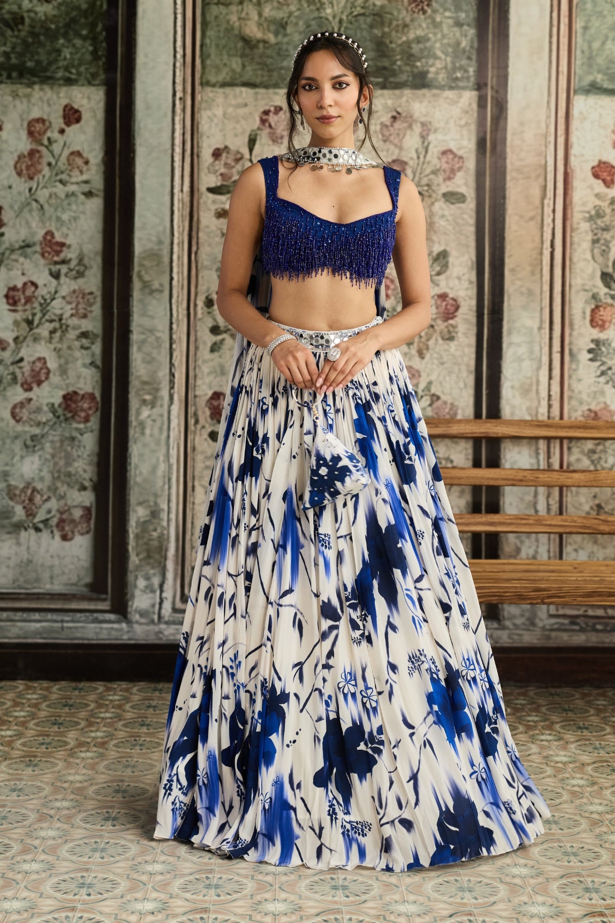 IVORY & BLUE FLORAL PRINTED LEHENGA SET