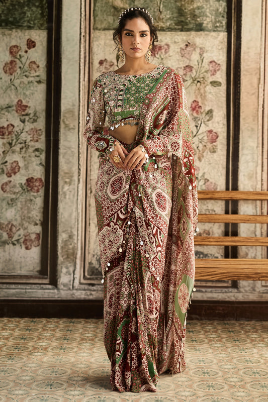 SAGE-MAROON PRINT AND HIGHLIGHTED  DHOTI SAREE SET