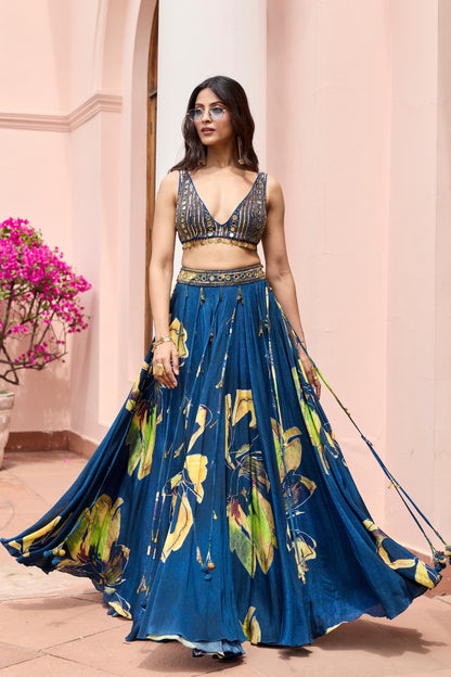NAVYGOLD FLORAL PRINTED LEHENGA SET