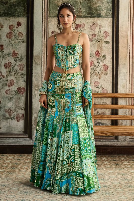 AQUA PRINT AND HIGHLIGHTED CORSET MERMAID SKIRT SET