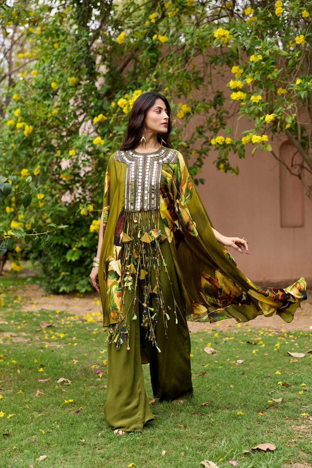 MATCHA GREEN FLORAL EMBROIDERED YOKE KAFTAN SET
