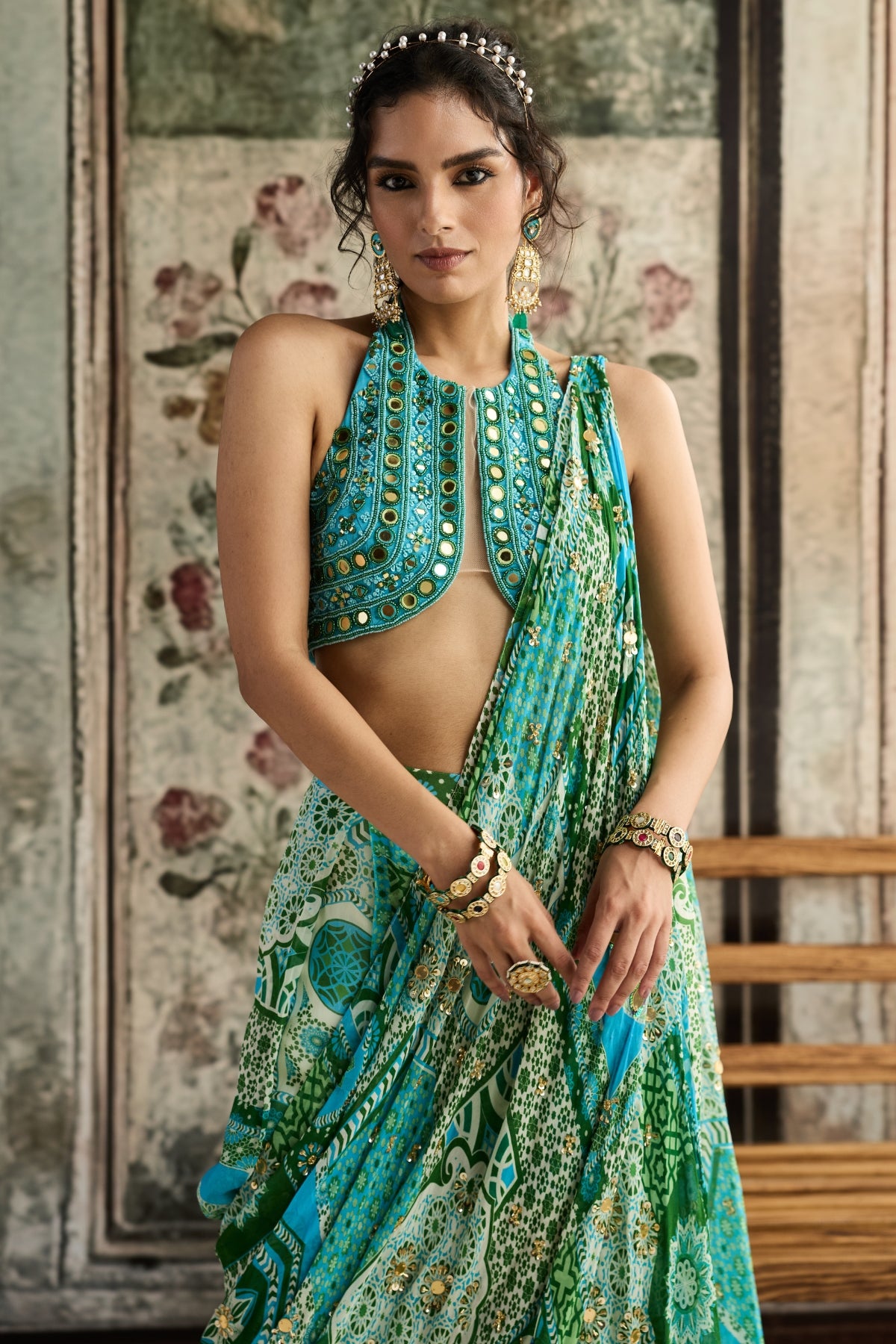 AQUA EMBROIDERED BLOUSE AND AQUA PRINT AND  HIGHLIGHTED DRAPE BOX PLEAT PANT SAREE