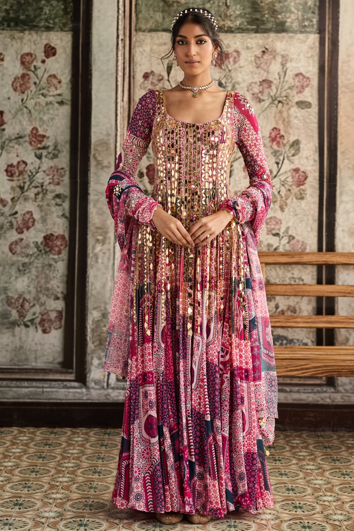 FUSCHIA PRINT AND HIGHLIGHTED ANARKALI SET