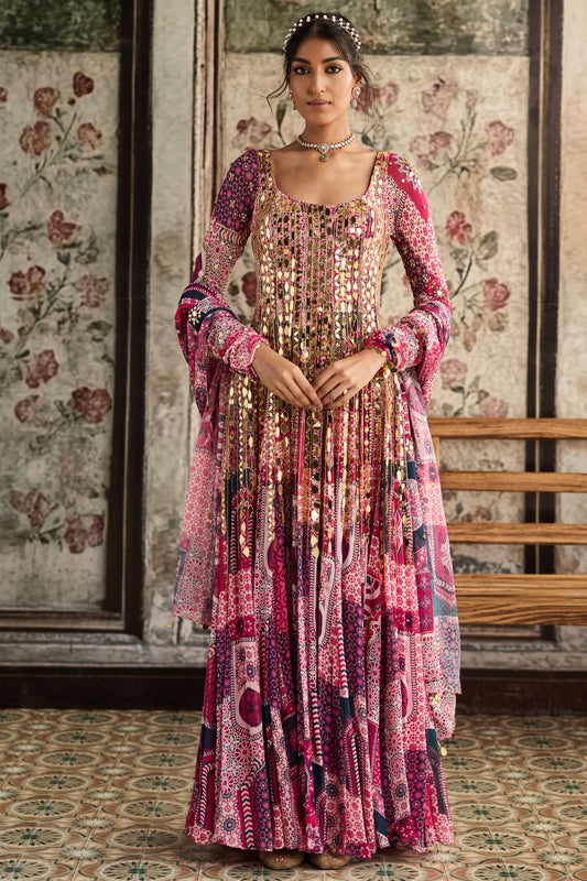 FUSCHIA PRINT AND HIGHLIGHTED ANARKALI SET